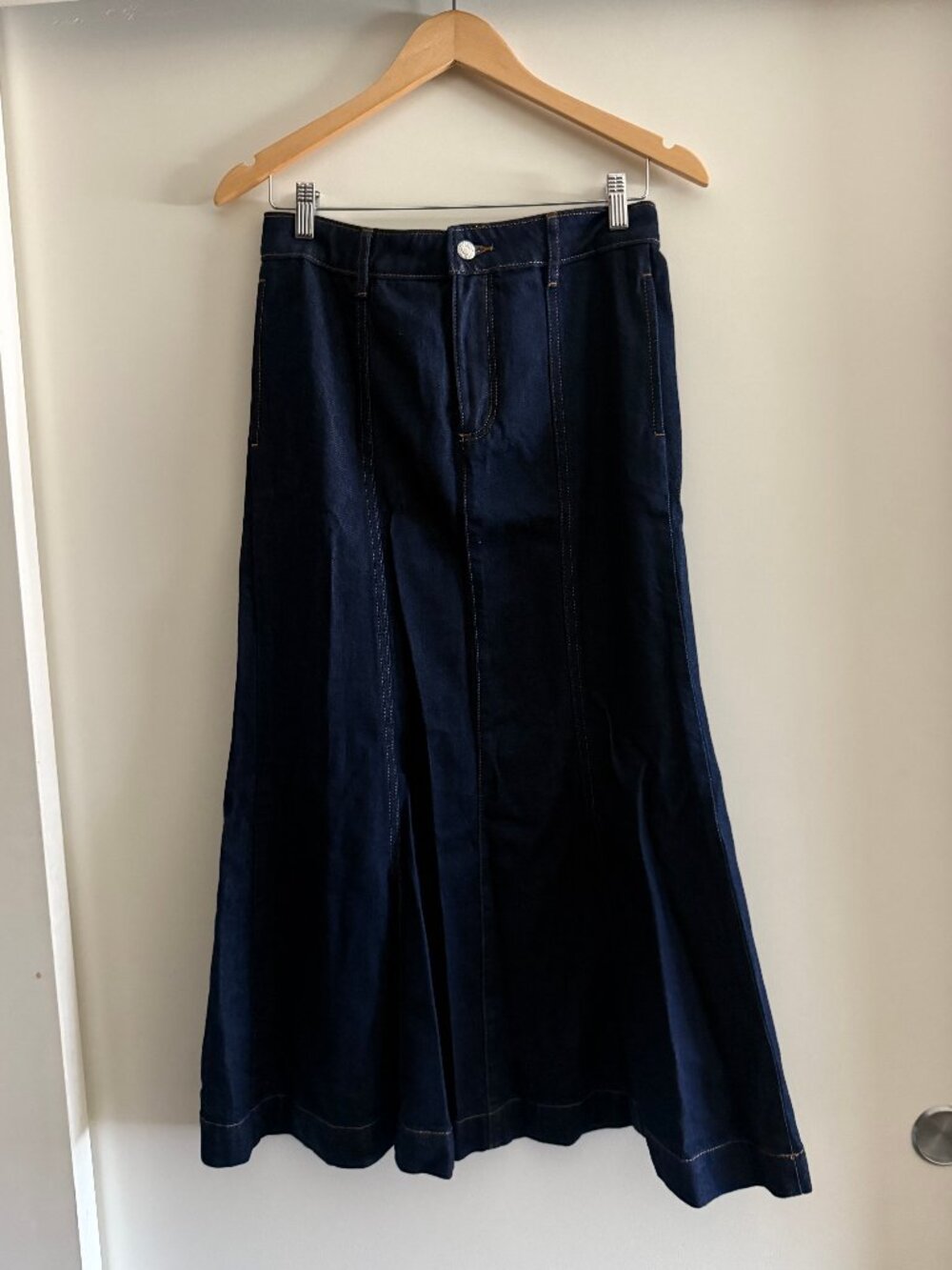 NWT LOFT Denim Flare Midi Skirt Darkwash